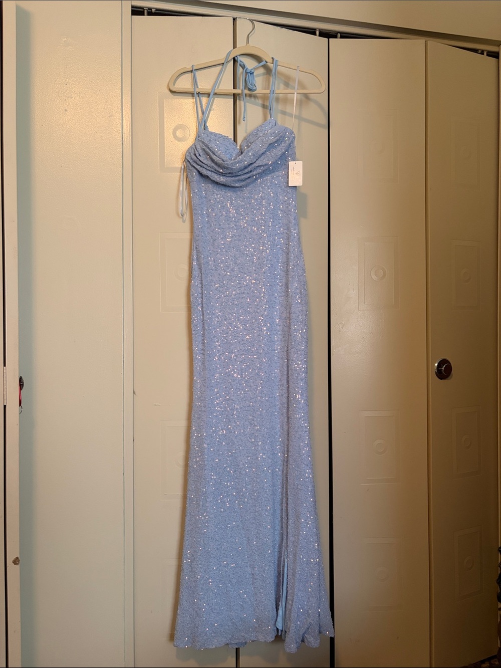 Windsor Light Blue Sequin Halter Maxi Dress